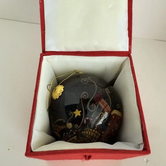 Glass Santa Claus Ornament Reverse Hand Painted With Red Box Night Sky - Picture 8 of 8